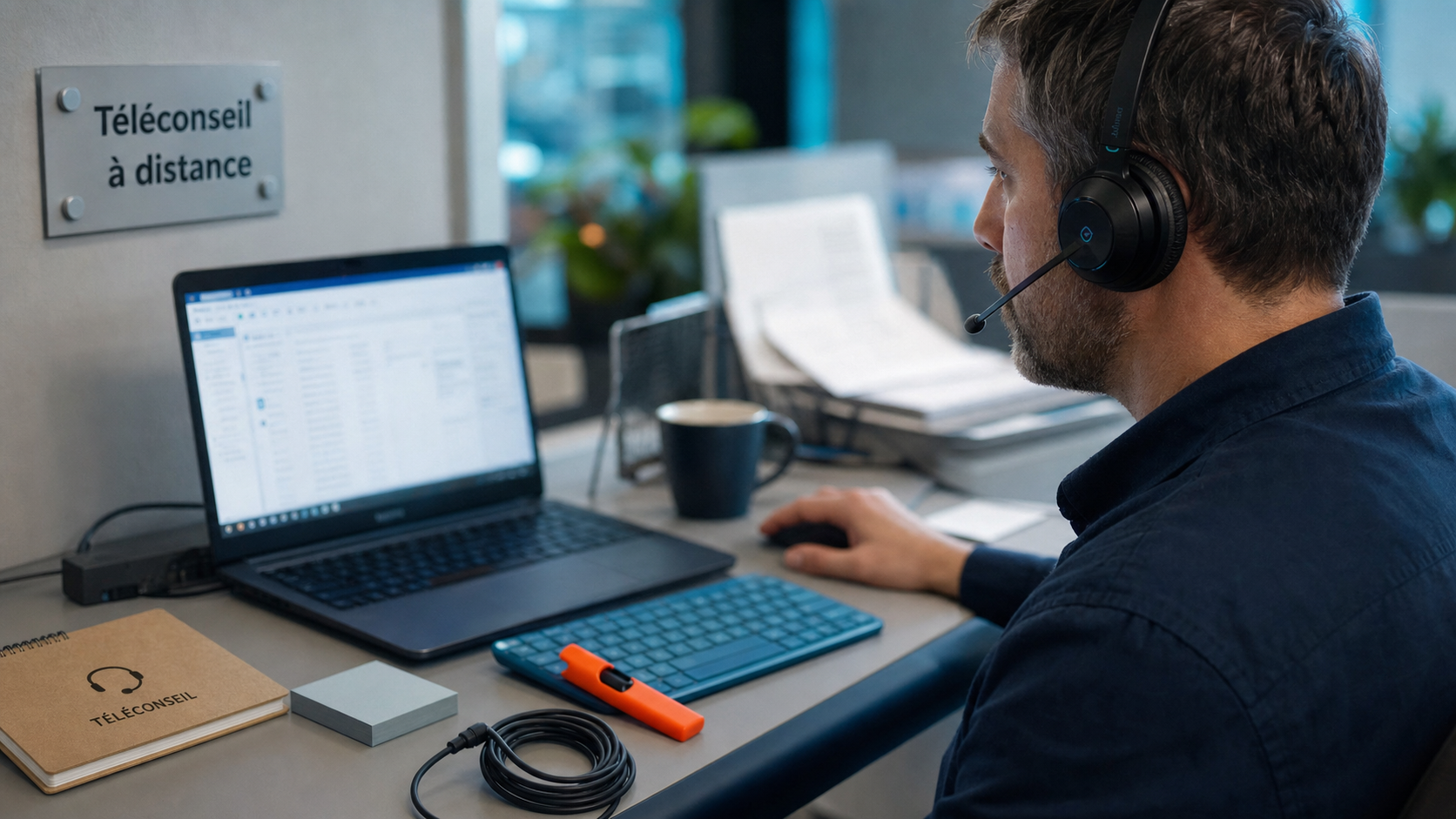 Teleconseiller teletravail au casque, bureau avec CRM