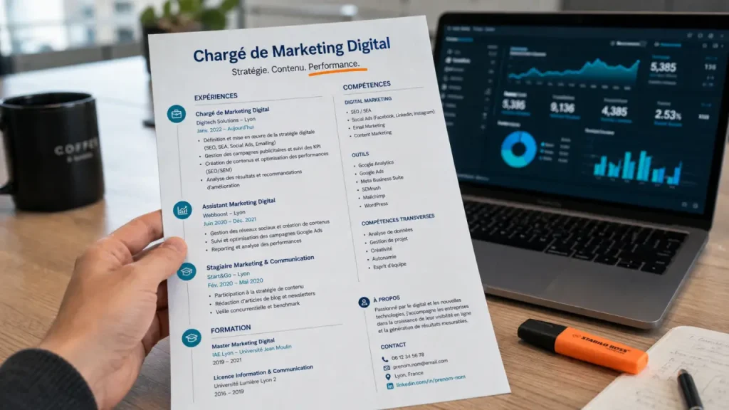 CV marketing digital : structure claire, mots-clés ATS et résultats chiffrés