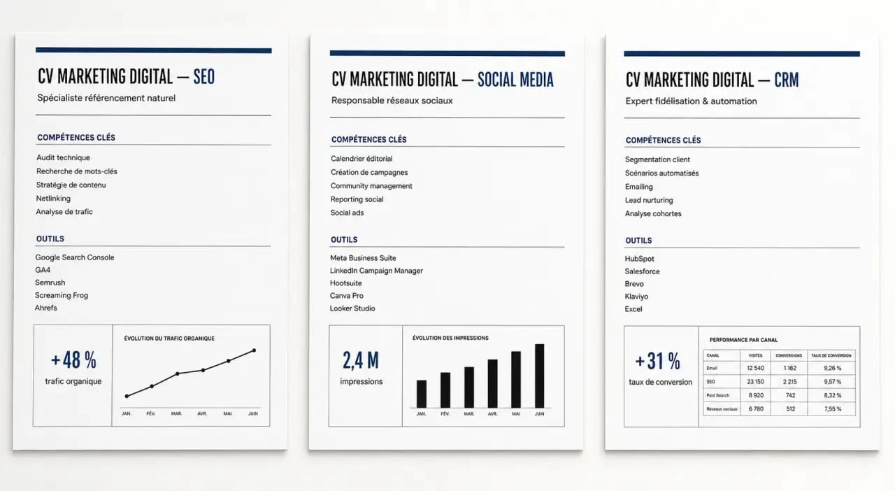 cv marketing digital SEO, social media et CRM avec variantes de spécialités