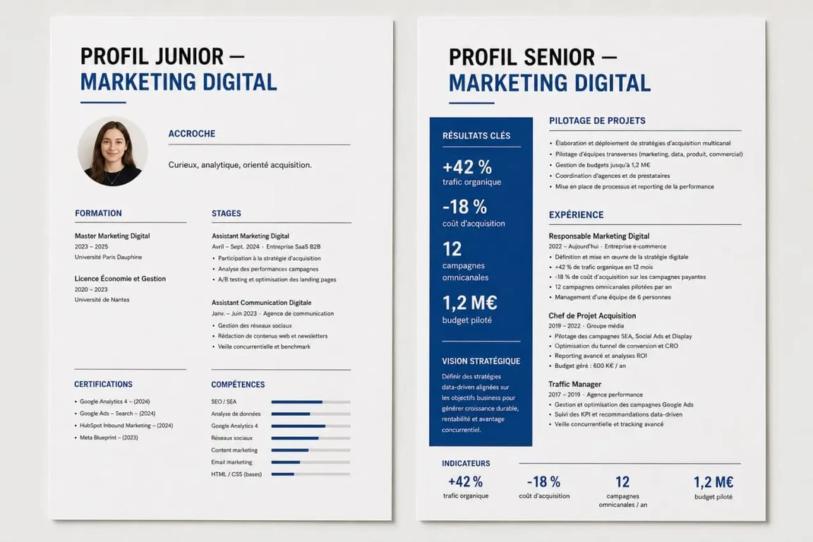 cv marketing digital junior et senior avec structure claire, accroche, expériences et résultats chiffrés