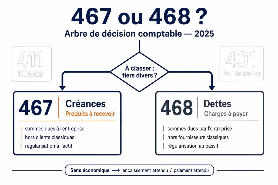 Compte comptable 467 : schéma comparatif entre 467, 468, 401 et 411