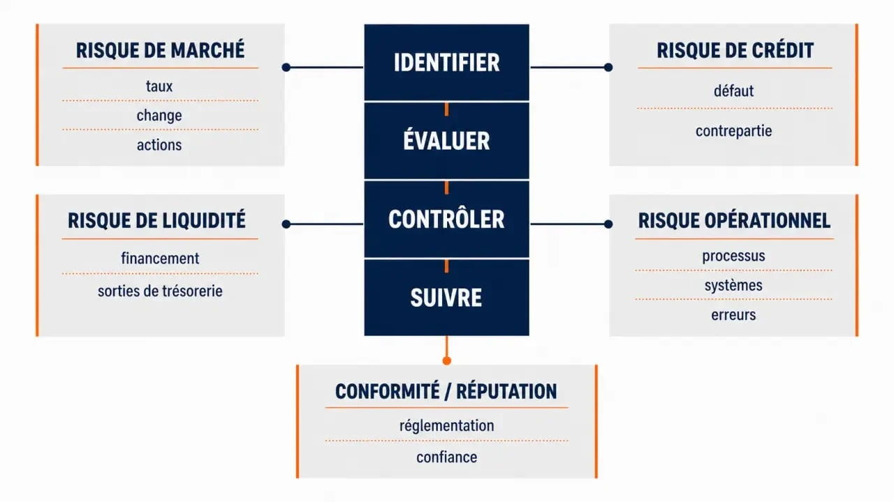 Cartographie des risques financiers en gestion des risques en finance montrant les cinq familles de risques et la chaîne de décision