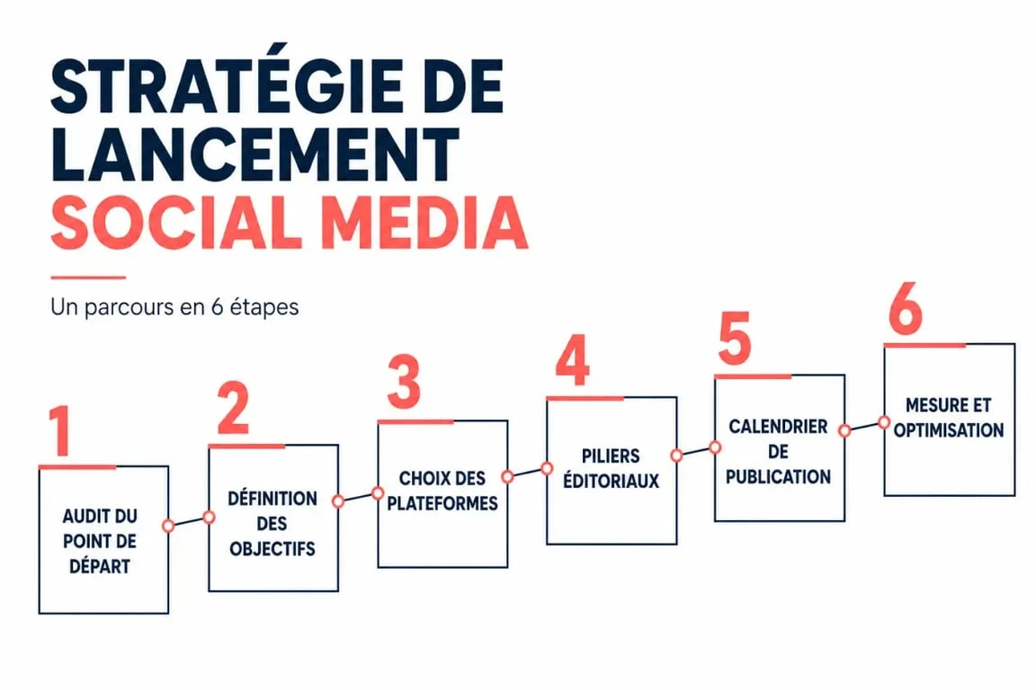 Réseaux sociaux stratégie de lancement illustrée en 6 étapes : audit, objectifs, plateformes, contenus, calendrier et KPI