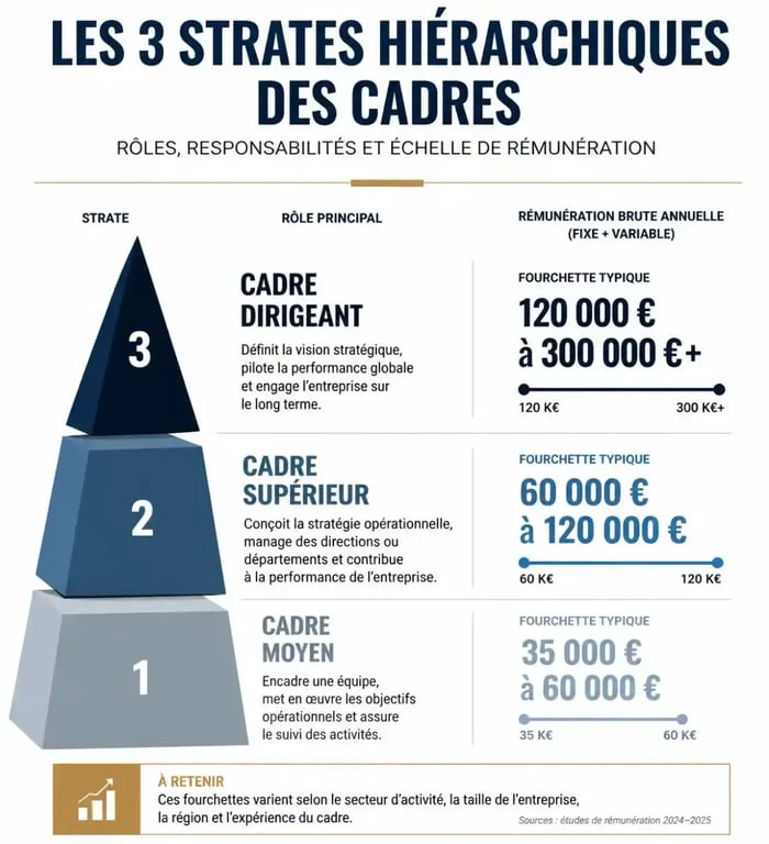 Infographie sur les niveaux de hiérarchie et salaires des métiers cadres en France