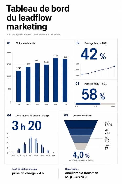 Tableau de bord KPI pour comment configurer automate marketing leadflow, avec conversions et délais de traitement