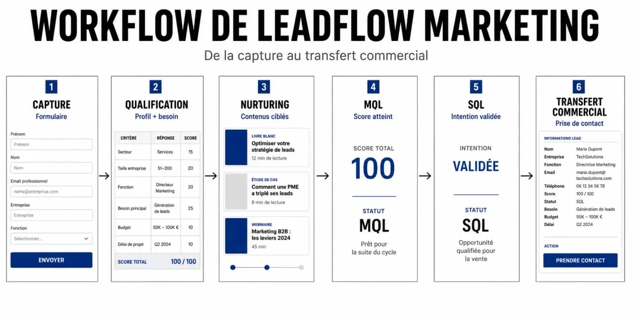 Schéma du leadflow pour comment configurer automate marketing leadflow, de la capture au transfert commercial