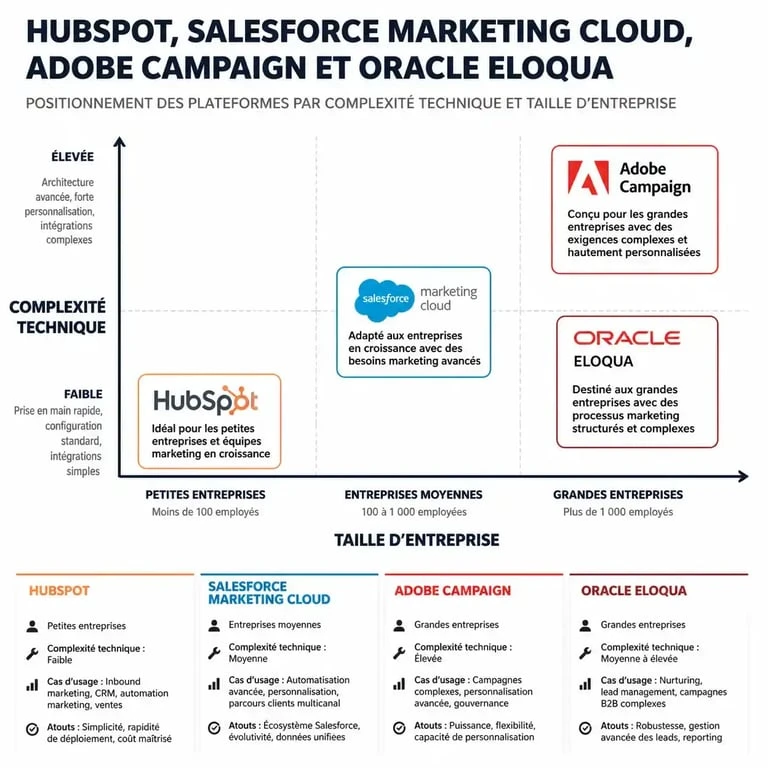 Comparaison des plateformes de marketing automation HubSpot, Salesforce Marketing Cloud, Adobe Campaign et Oracle Eloqua