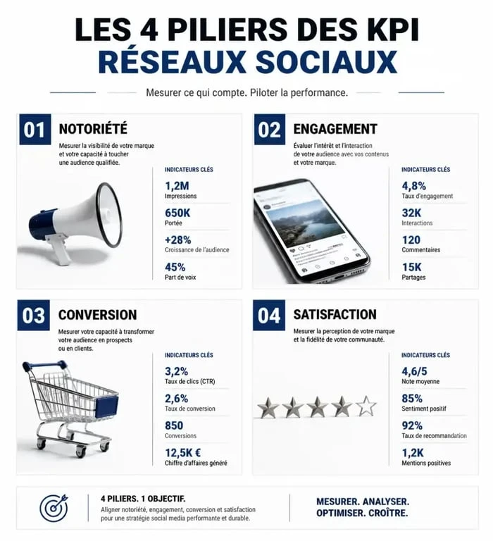 Infographie des KPI réseaux sociaux par objectif marketing