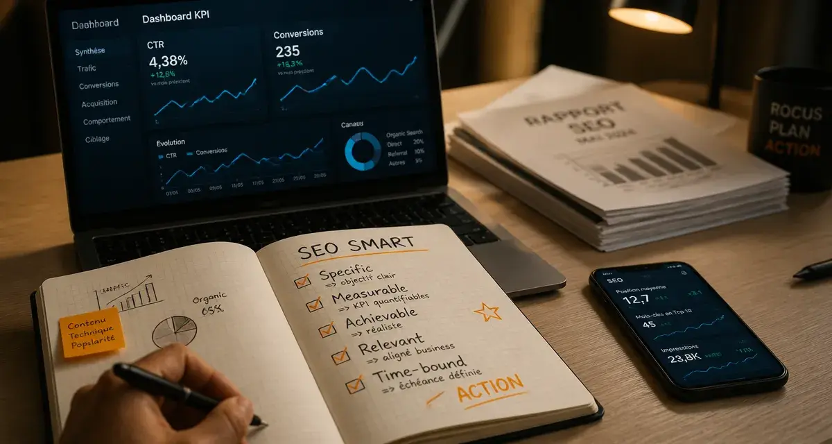 Gestion de projet SEO : tableau de bord KPI et checklist