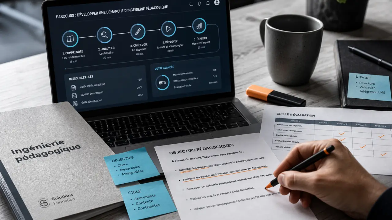 Ingénieur pédagogique formation : objectifs pédagogiques sur table de travail