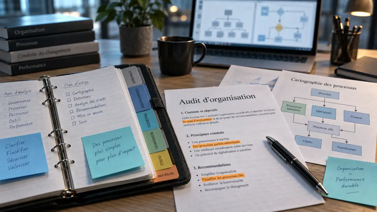 Audit d’organisation : table, post-it et organigramme des processus