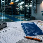 Audit QHSE : check-list QHSE sur table avec atelier en arrière-plan