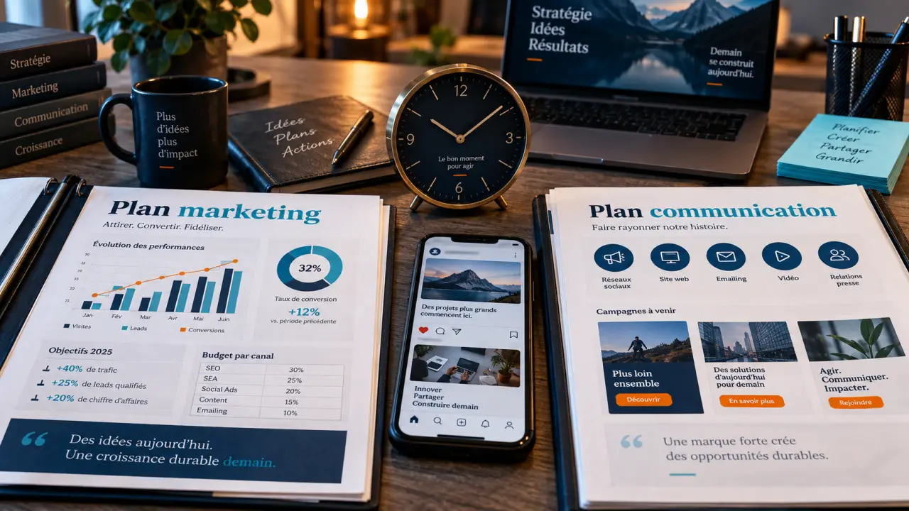 Différence marketing et communication : plan marketing et plan communication visibles sur un bureau