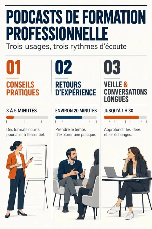 Infographie sur les podcasts de formation professionnelle selon la durée et l’usage