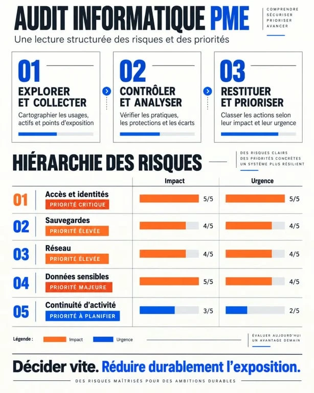 Infographie des étapes d’un audit informatique PME et des contrôles prioritaires