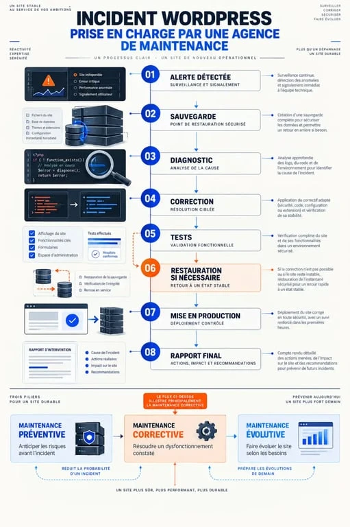 Infographie du processus d’intervention d’une agence maintenance site WordPress après un incident