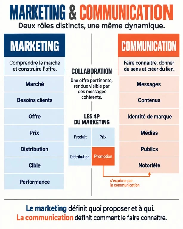 Infographie comparative sur la différence marketing et communication et la place des 4P