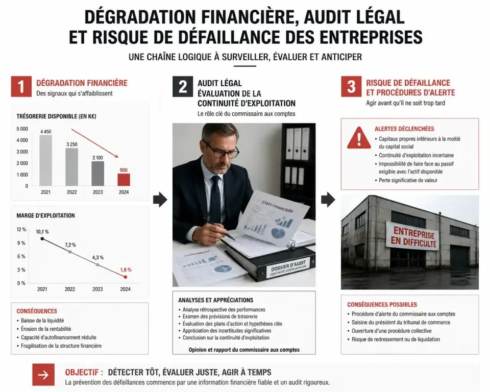 Défaillance des entreprises information financière et audit légal : visuel éditorial sur les signaux financiers, l’audit légal et la continuité d’exploitation