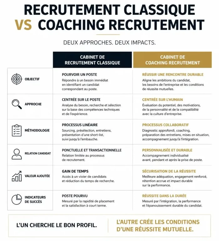 Infographie comparative des services d'un cabinet de coaching recrutement par rapport à un cabinet de recrutement classique.