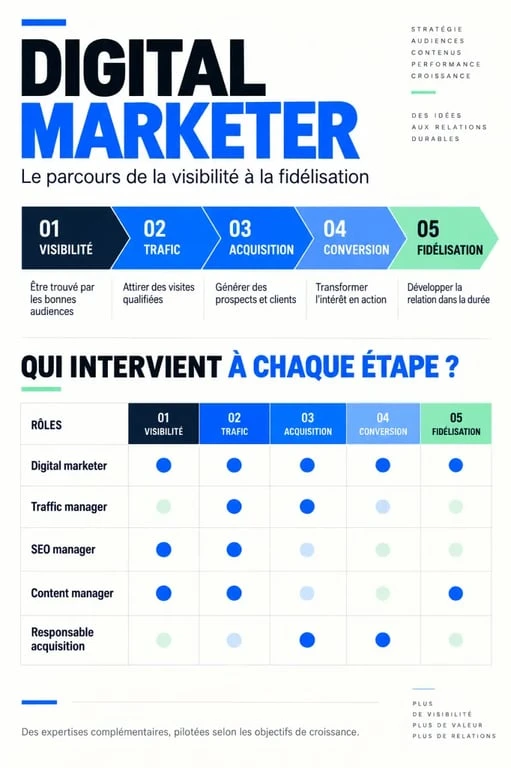 Infographie comparative des missions et leviers du digital marketer