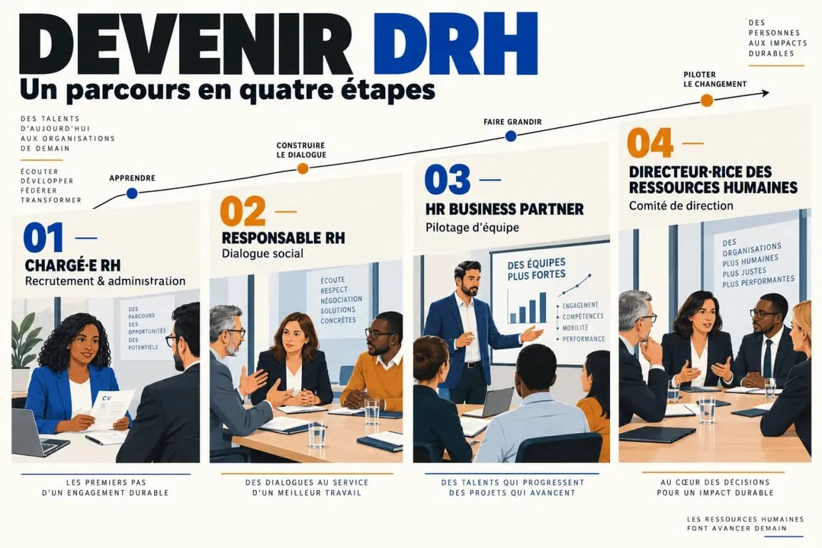Parcours en quatre étapes pour devenir DRH, de l'expérience opérationnelle à la direction des ressources humaines