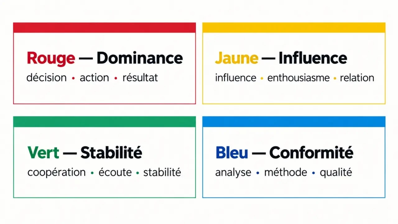 Management par les couleurs : synthèse visuelle des quatre profils DISC rouge, jaune, vert et bleu