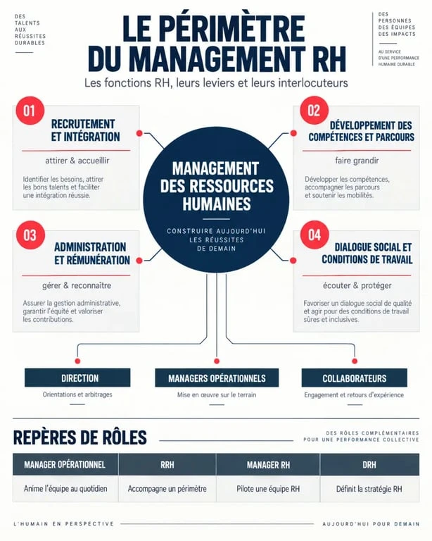 Infographie sur le management RH et les quatre leviers de la fonction ressources humaines