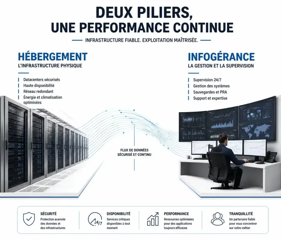 Schéma illustrant la complémentarité entre hébergement et infogérance pour une infrastructure IT performante