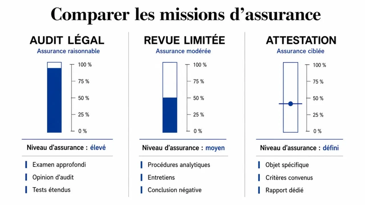 Revue limitée commissaire aux comptes : comparaison visuelle entre audit légal, revue limitée et attestation