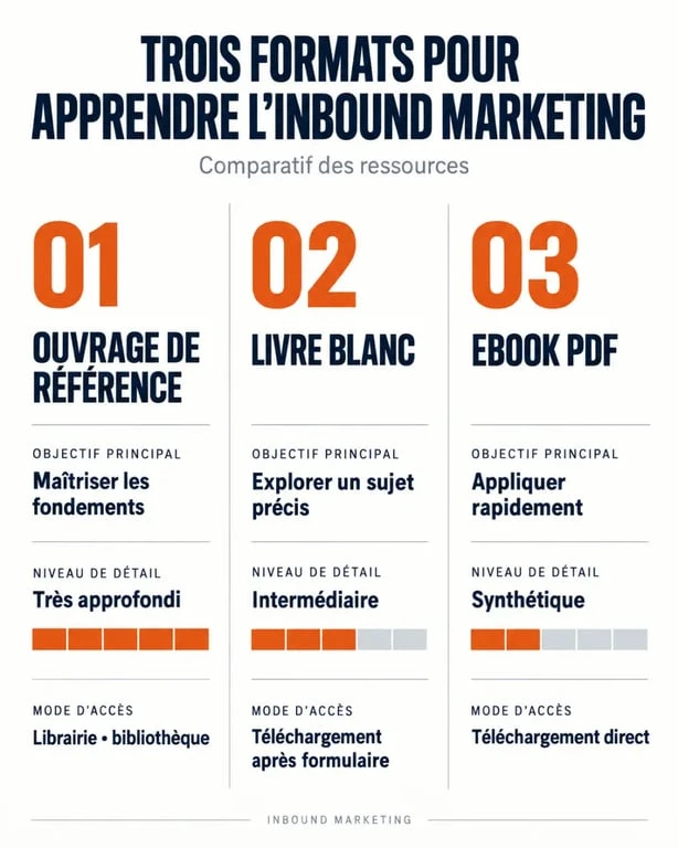 Infographie comparant les formats d’un livre inbound marketing, d’un livre blanc et d’un ebook PDF