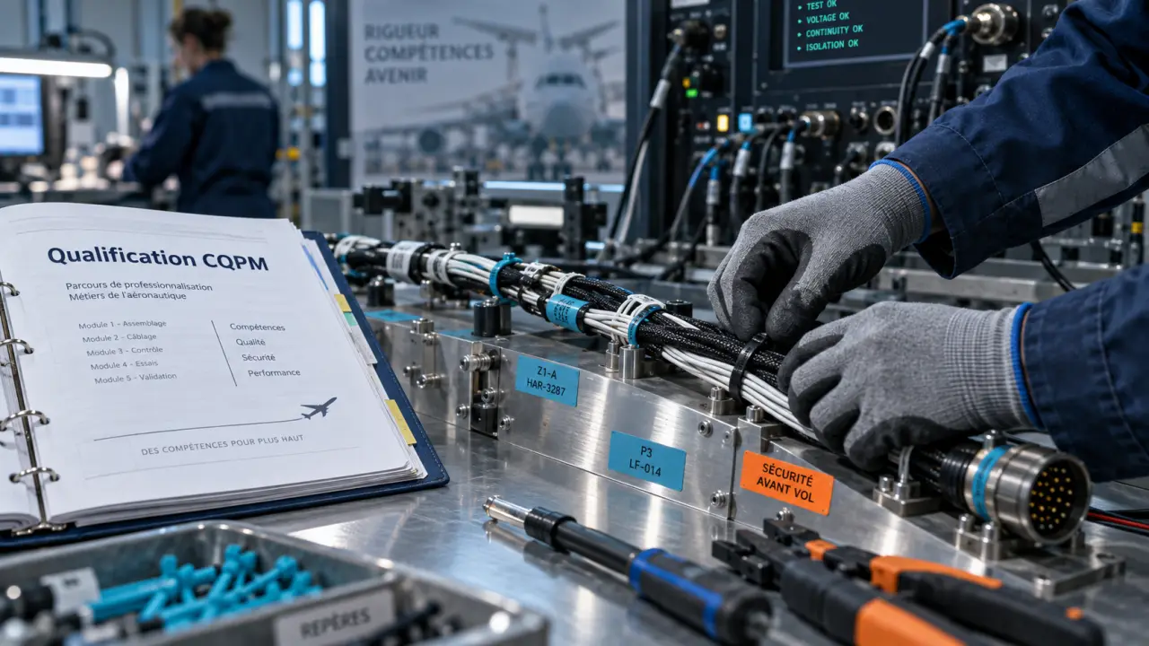 Formation CQPM aéronautique : mains gantées sur câblage