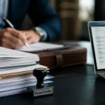 Revue limitée commissaire aux comptes : documents et tampon « Revue limitée » au cabinet