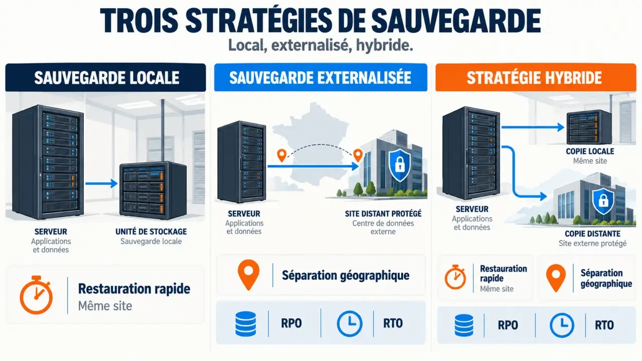 Infographie sur l’externalisation des sauvegardes informatiques : sauvegarde locale, copie distante et stratégie hybride