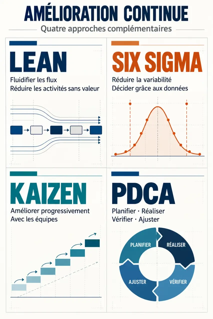 Formation en amélioration continue : différences entre Lean, Six Sigma, Kaizen et PDCA