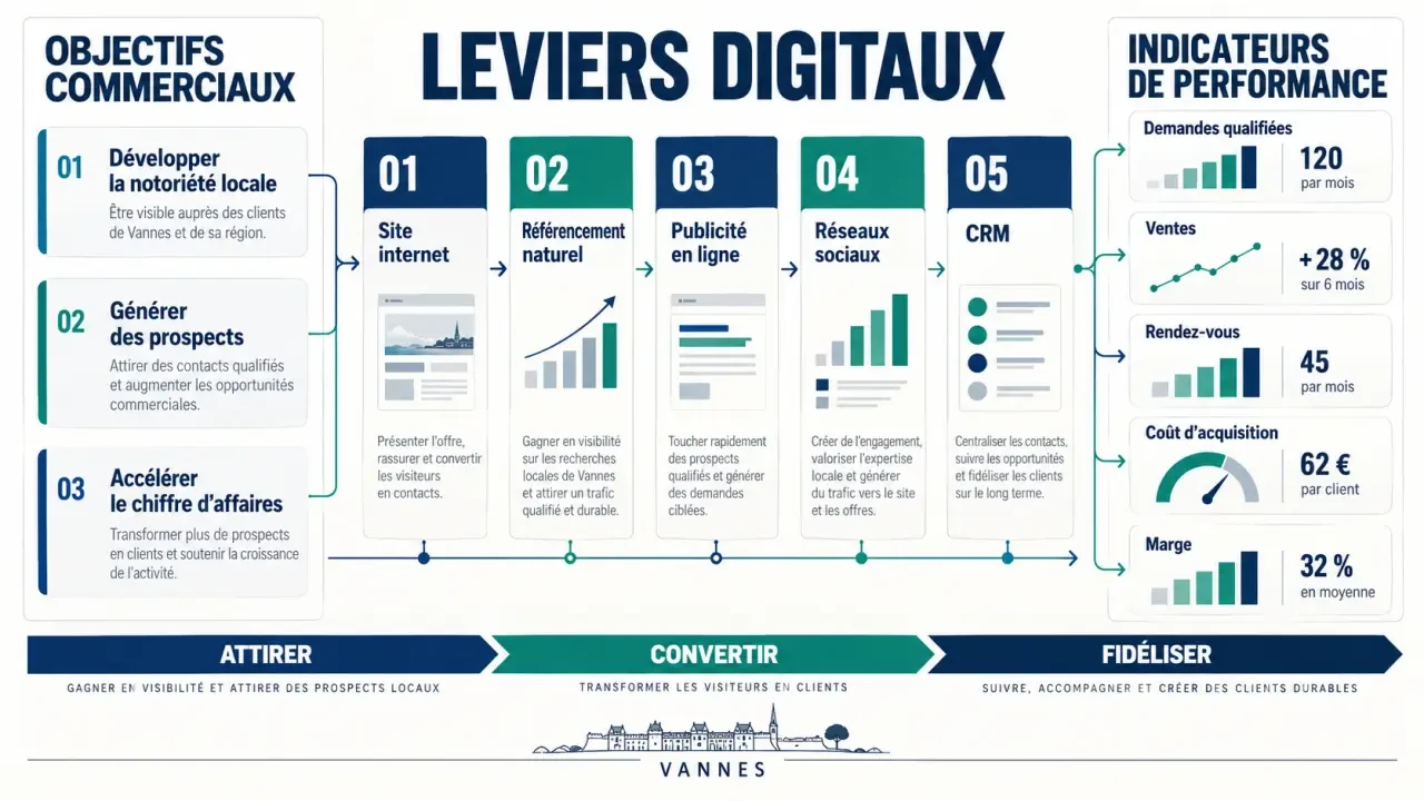 Infographie sur le parcours d'une agence marketing digital Vannes, des leviers d'acquisition aux résultats commerciaux