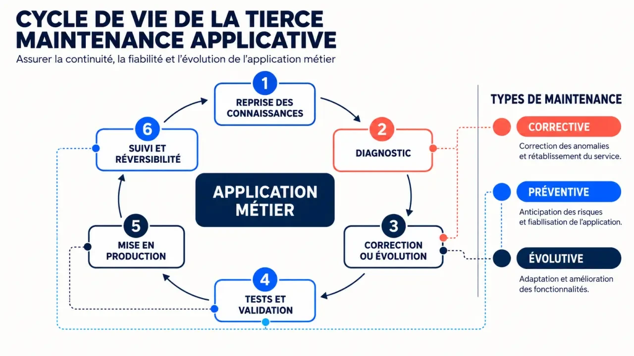 Schéma de tierce maintenance applicative présentant les maintenances corrective, préventive et évolutive